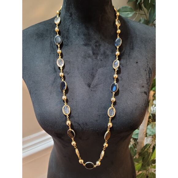 Women's Gold Tone Black Clear Oval Beaded Necklace Round Spring Lock Jewelry - Picture 2 of 6